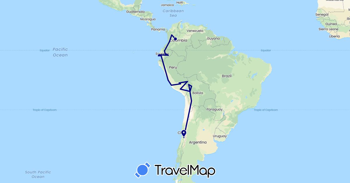TravelMap itinerary: driving in Bolivia, Chile, Colombia, Ecuador, Peru (South America)